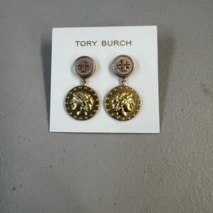 Tory Burch Gold and Pink Coin Drop Earrings